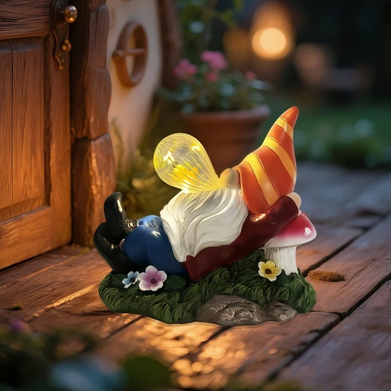 SM25212 Solar Lamp Resin Statue - Mushroom Seat Elf with Glass Orb Tabletop Light_4