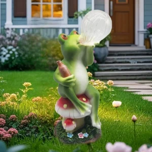 SM25213 Lying Frog Resin Statue with Glass Ball Solar Lamp - Animal Tabletop Light Globe