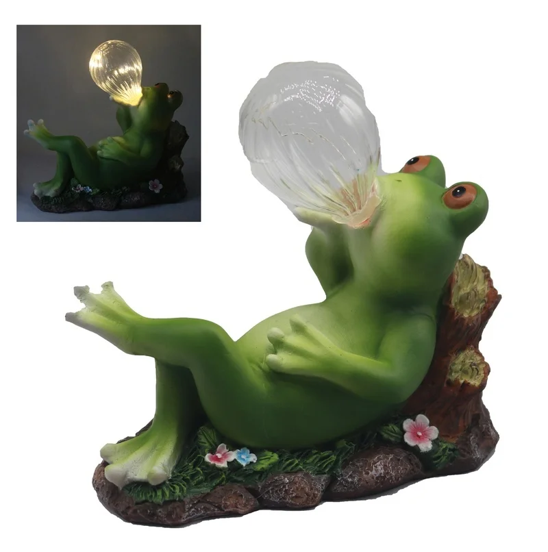 SM25213B Lying Frog Resin Statue with Glass Ball Solar Lamp Tabletop Animal Light Globe_2