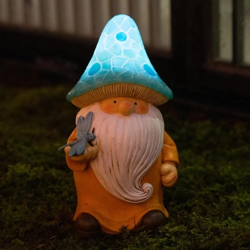 SM25214 Yellow Mushroom Head Elf Solar Lamp Resin Statue Tabletop Light