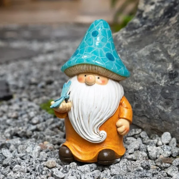 SM25214 Yellow Mushroom Head Elf Solar Lamp Resin Statue Tabletop Light_3