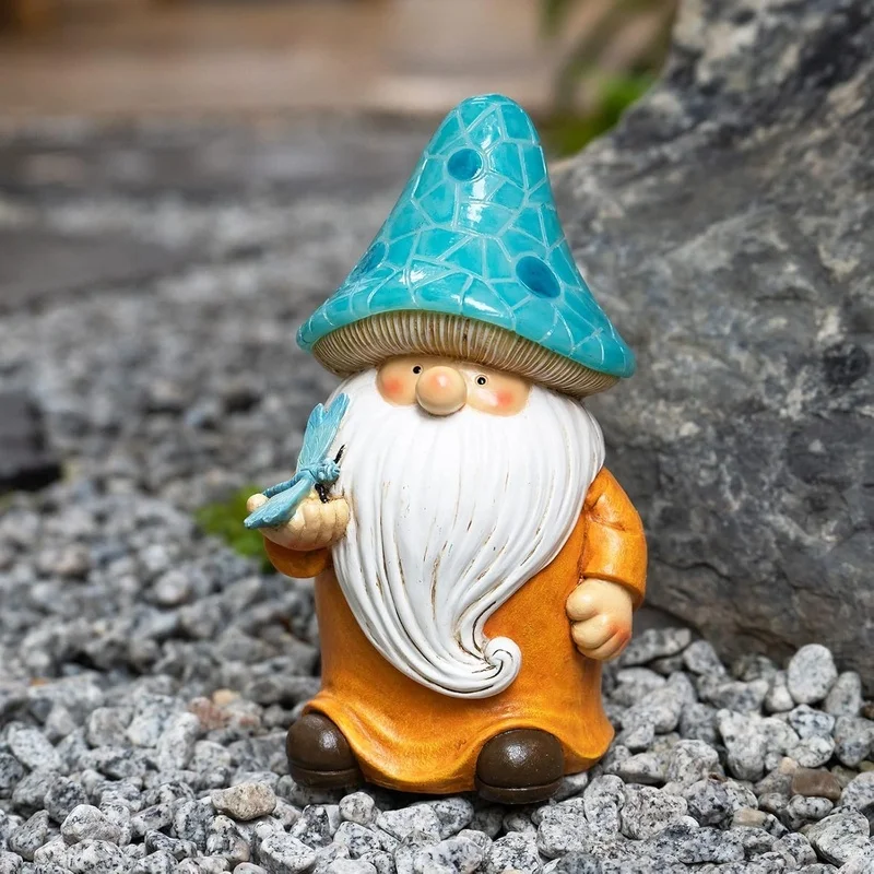 SM25214 Yellow Mushroom Head Elf Solar Lamp Resin Statue Tabletop Light_3