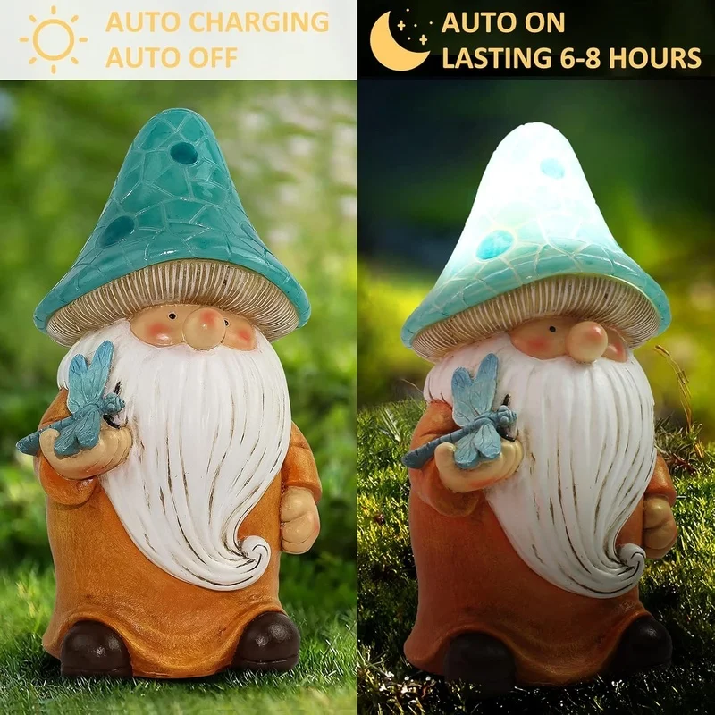 SM25214 Yellow Mushroom Head Elf Solar Lamp Resin Statue Tabletop Light_4