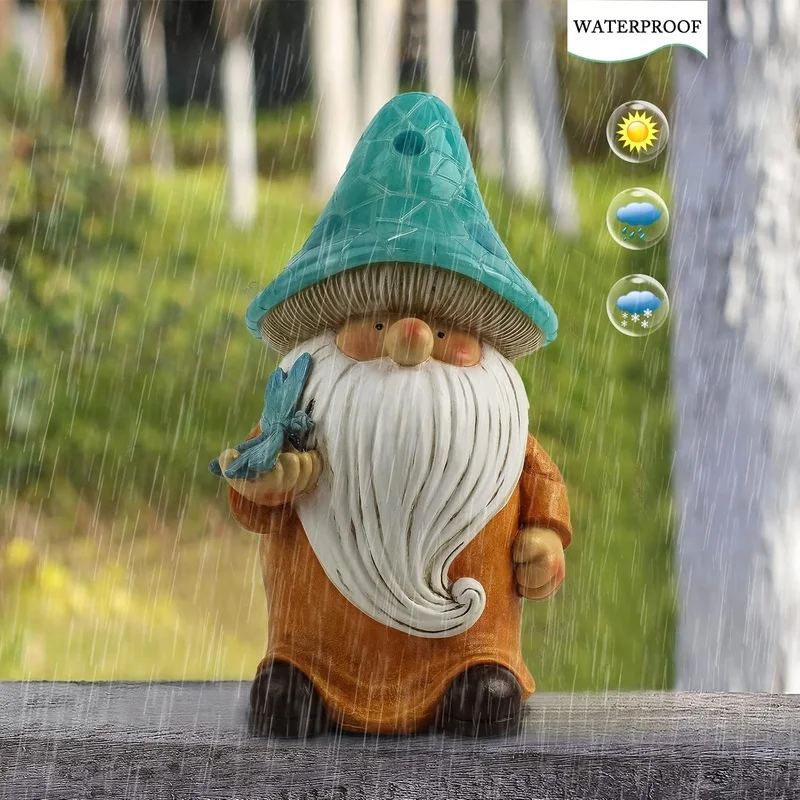 SM25214 Yellow Mushroom Head Elf Solar Lamp Resin Statue Tabletop Light_5