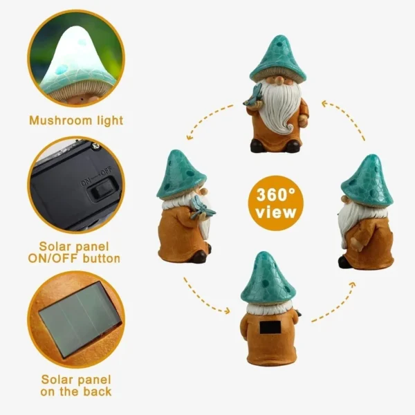 SM25214 Yellow Mushroom Head Elf Solar Lamp Resin Statue Tabletop Light_6