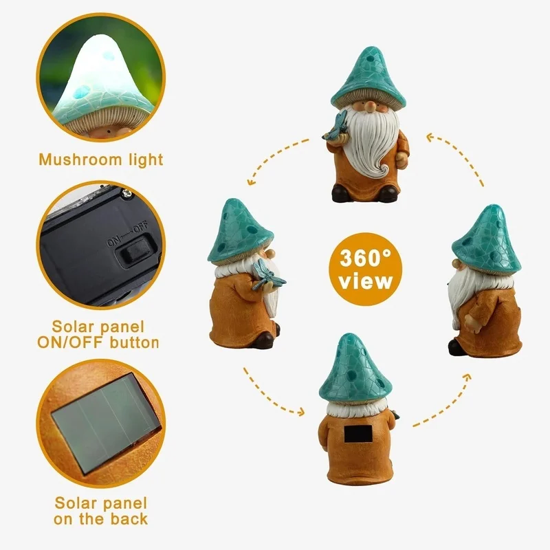 SM25214 Yellow Mushroom Head Elf Solar Lamp Resin Statue Tabletop Light_6