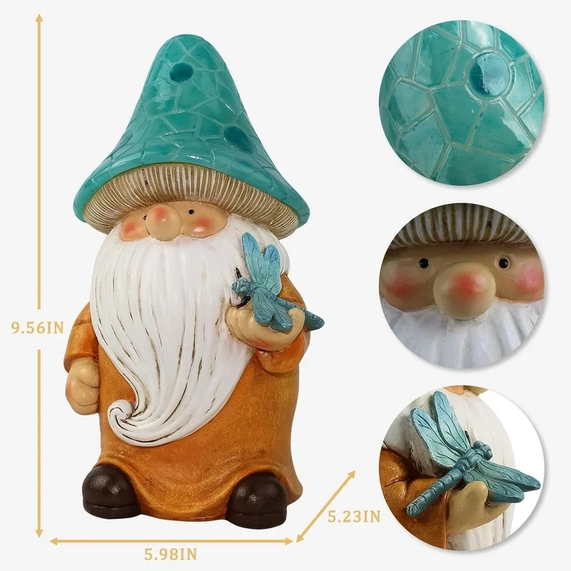 SM25214 Yellow Mushroom Head Elf Solar Lamp Resin Statue Tabletop Light_7