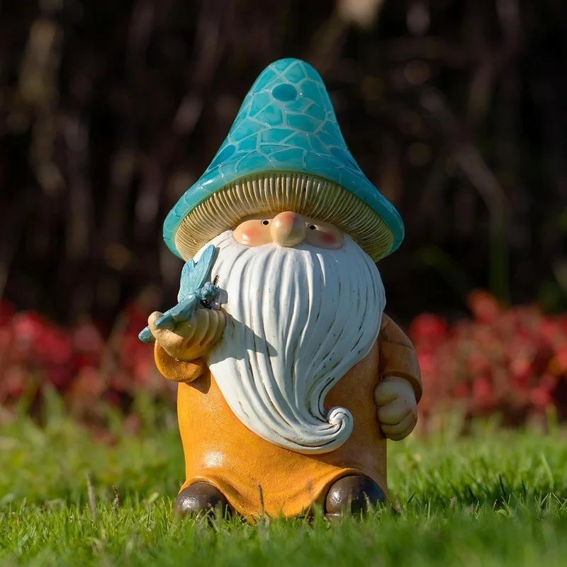 SM25214 Yellow Mushroom Head Elf Solar Lamp Resin Statue Tabletop Light_8