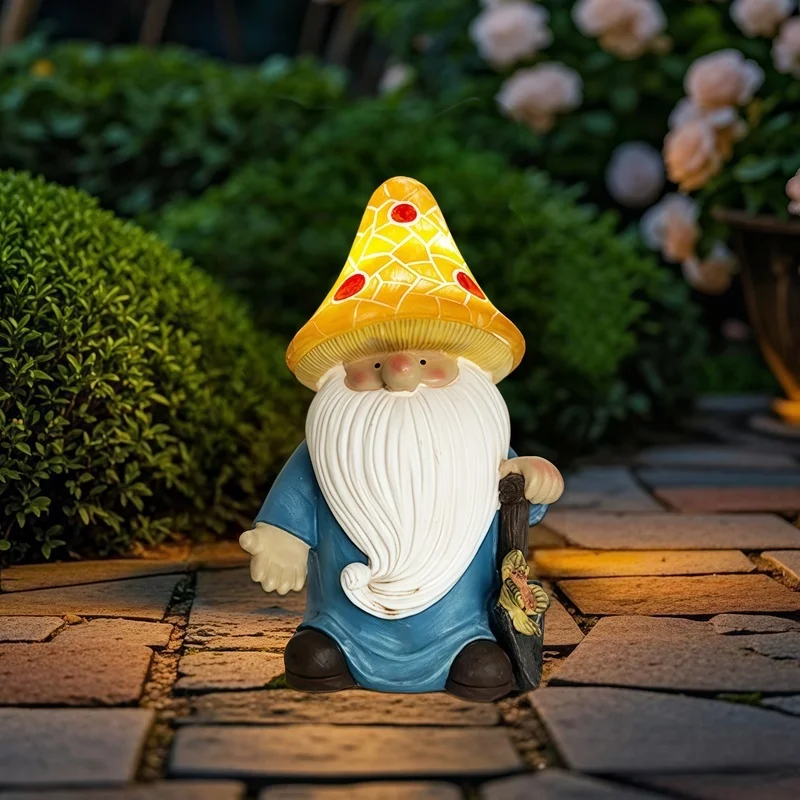 SM25214B Yellow Mushroom Head Elf Solar Lamp Resin Statue Tabletop Light