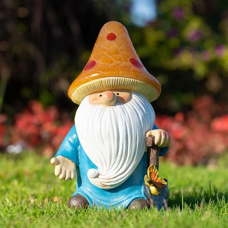 SM25214B Yellow Mushroom Head Elf Solar Lamp Resin Statue Tabletop Light_1