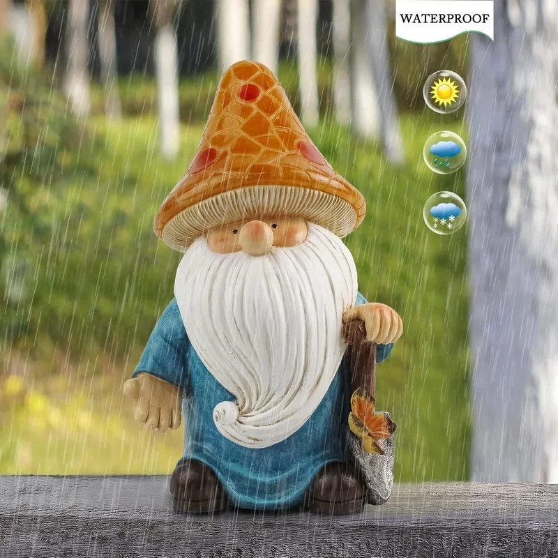 SM25214B Yellow Mushroom Head Elf Solar Lamp Resin Statue Tabletop Light_4