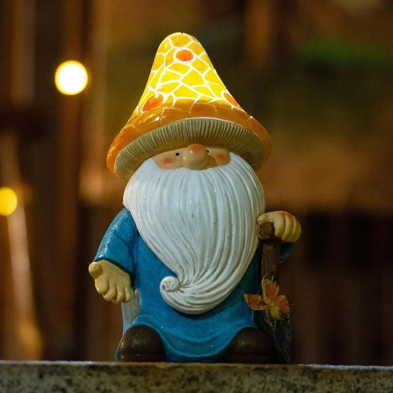 SM25214B Yellow Mushroom Head Elf Solar Lamp Resin Statue Tabletop Light_5