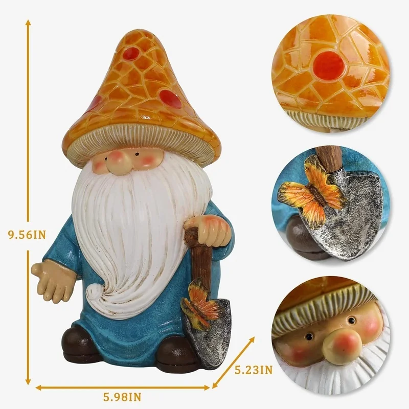 SM25214B Yellow Mushroom Head Elf Solar Lamp Resin Statue Tabletop Light_6