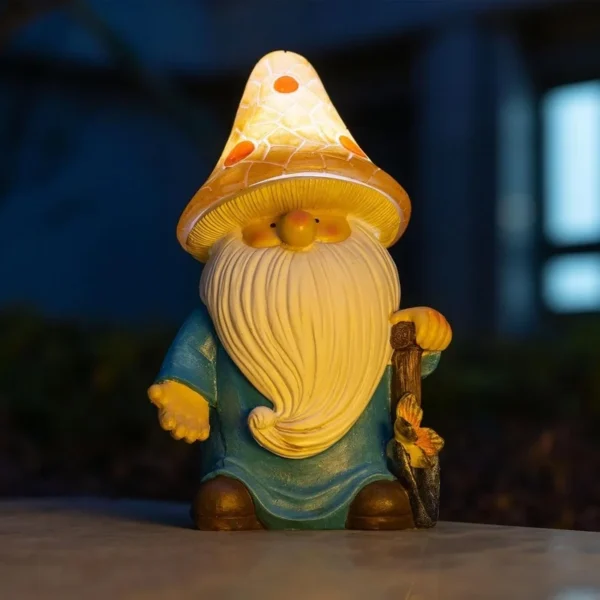 SM25214B Yellow Mushroom Head Elf Solar Lamp Resin Statue Tabletop Light_7