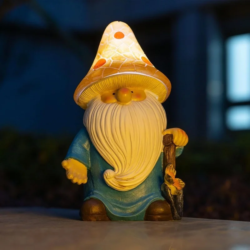 SM25214B Yellow Mushroom Head Elf Solar Lamp Resin Statue Tabletop Light_7
