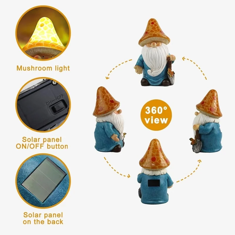SM25214B Yellow Mushroom Head Elf Solar Lamp Resin Statue Tabletop Light_8