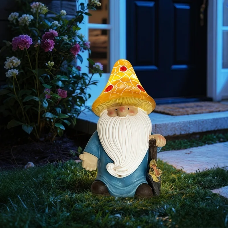 SM25214B Yellow Mushroom Head Elf Solar Lamp Resin Statue Tabletop Light_9