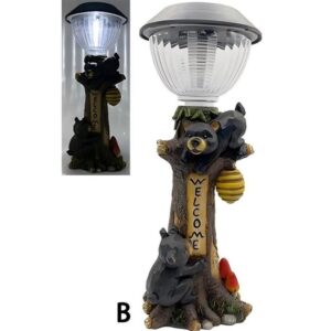 SM25216AB Resin Bear Climbing Tree Welcome Sign Decor with Solar Lights