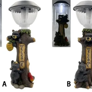 SM25216AB Resin Statue Solar Light - Bear Climbing Tree with Welcome Sign Freestanding Animal Decor