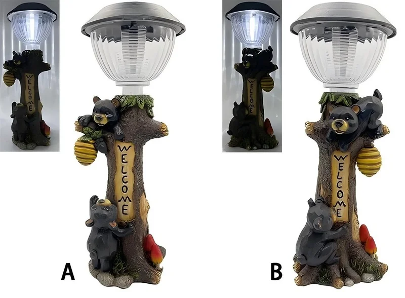 SM25216AB Resin Statue Solar Light - Bear Climbing Tree with Welcome Sign Freestanding Animal Decor