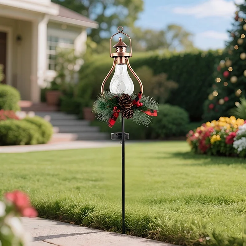 SM25316 PP Plastic Christmas Decoration Solar Stake Light with Lantern Globe, Pine Cone, Leaf, and Garland