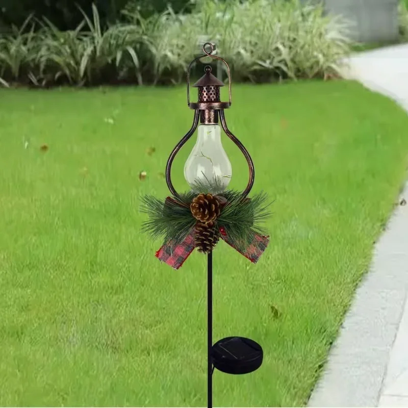SM25316 PP Plastic Christmas Decoration Solar Stake Light with Lantern Globe, Pine Cone, Leaf, and Garland_2