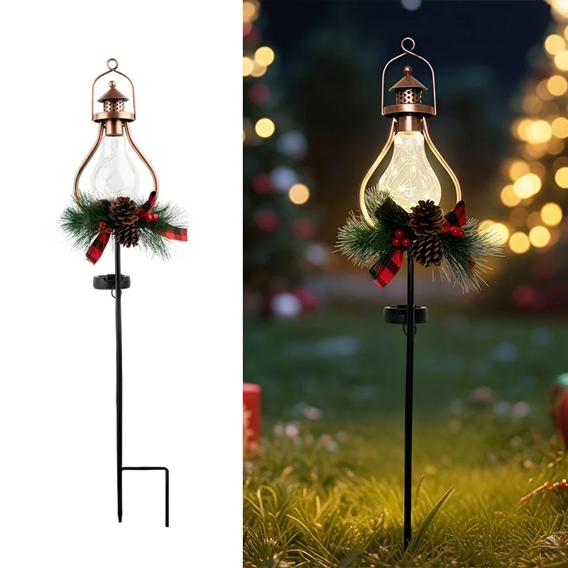 SM25316 PP Plastic Christmas Decoration Solar Stake Light with Lantern Globe, Pine Cone, Leaf, and Garland_3