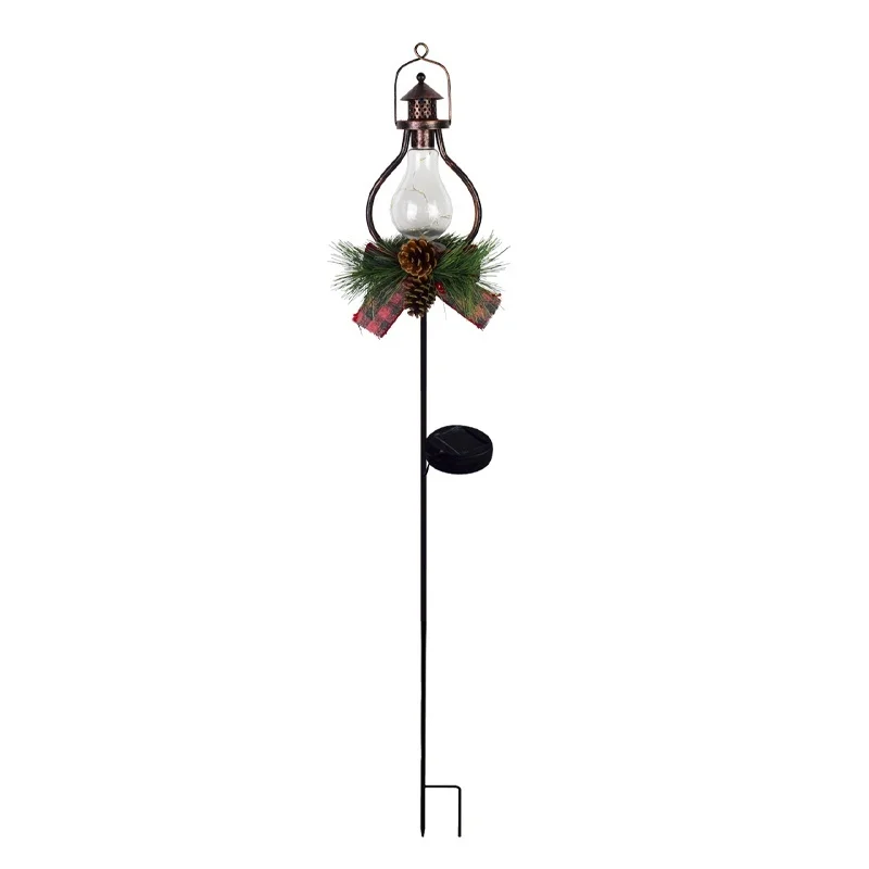 SM25316 PP Plastic Christmas Decoration Solar Stake Light with Lantern Globe, Pine Cone, Leaf, and Garland_4