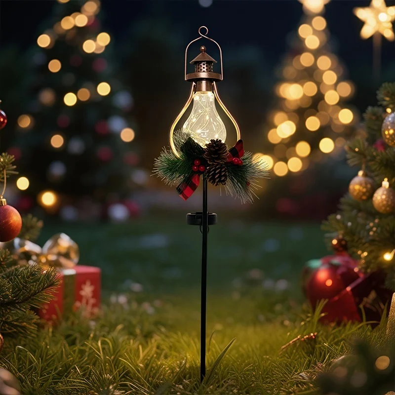 SM25316 PP Plastic Christmas Decoration Solar Stake Light with Lantern Globe, Pine Cone, Leaf, and Garland_5