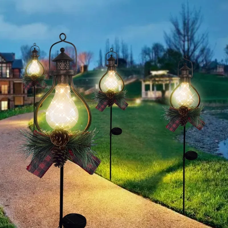SM25316 PP Plastic Christmas Decoration Solar Stake Light with Lantern Globe, Pine Cone, Leaf, and Garland_6
