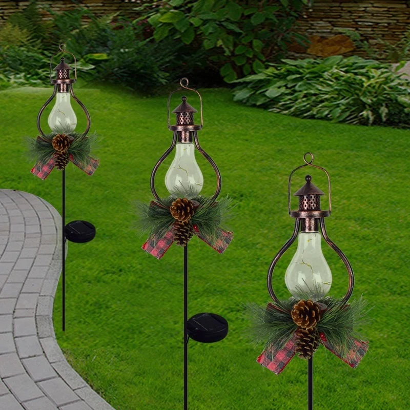 SM25316 PP Plastic Christmas Decoration Solar Stake Light with Lantern Globe, Pine Cone, Leaf, and Garland_7