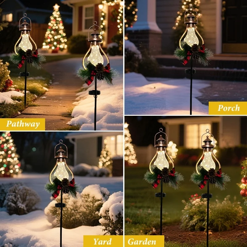 SM25316 PP Plastic Christmas Decoration Solar Stake Light with Lantern Globe, Pine Cone, Leaf, and Garland_8