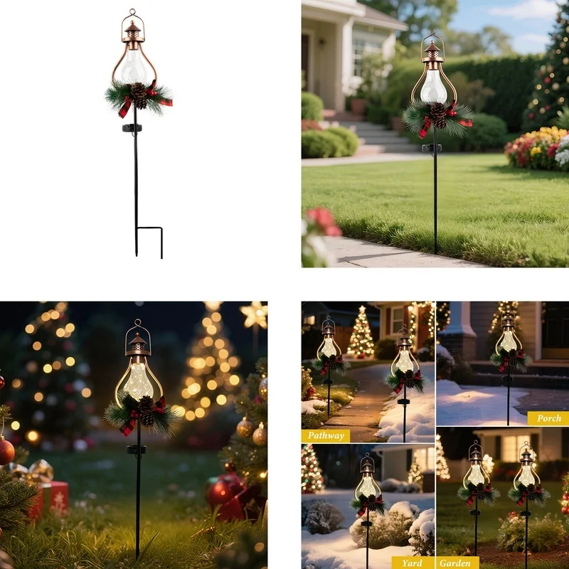 SM25316 PP Plastic Christmas Decoration Solar Stake Light with Lantern Globe, Pine Cone, Leaf, and Garland_9