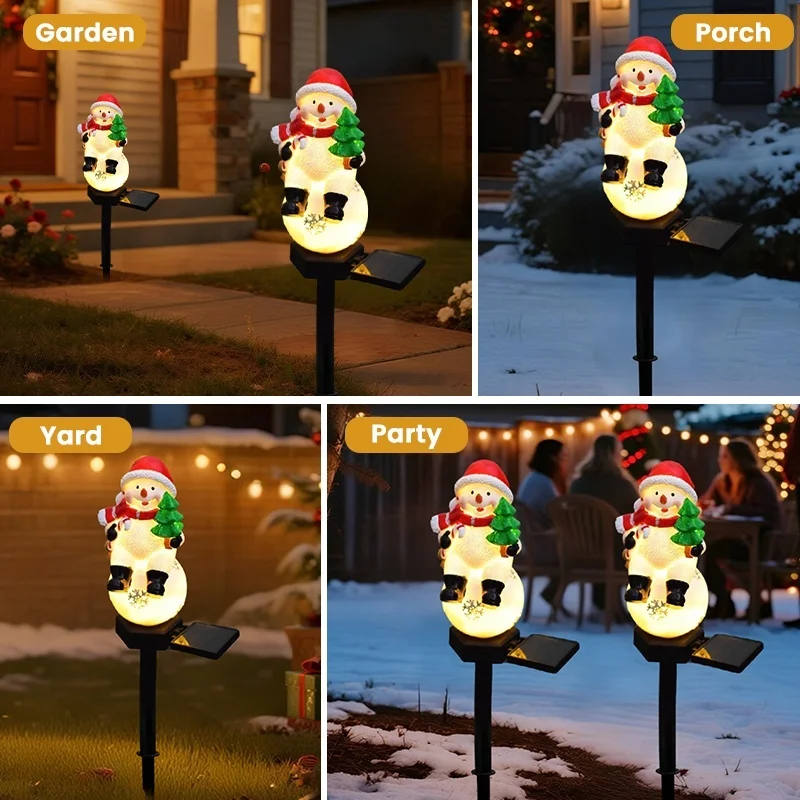 SM25317 Christmas Snowman Resin Statue Solar Stake Light - Outdoor Decorative White Snowman with Red Scarf, Brown Hat, Green Leaves, and Black Base