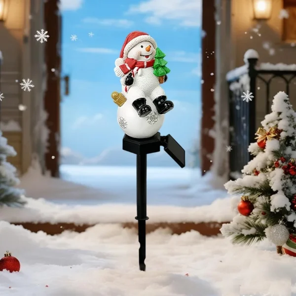 SM25317 Christmas Snowman Resin Statue Solar Stake Light - Outdoor Decorative White Snowman with Red Scarf, Brown Hat, Green Leaves, and Black Base_2