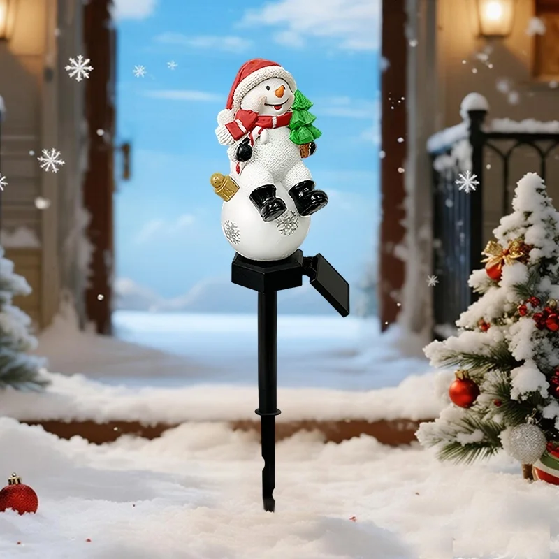 SM25317 Christmas Snowman Resin Statue Solar Stake Light - Outdoor Decorative White Snowman with Red Scarf, Brown Hat, Green Leaves, and Black Base_2