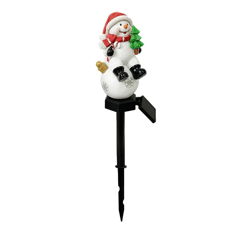 SM25317 Christmas Snowman Resin Statue Solar Stake Light - Outdoor Decorative White Snowman with Red Scarf, Brown Hat, Green Leaves, and Black Base_3