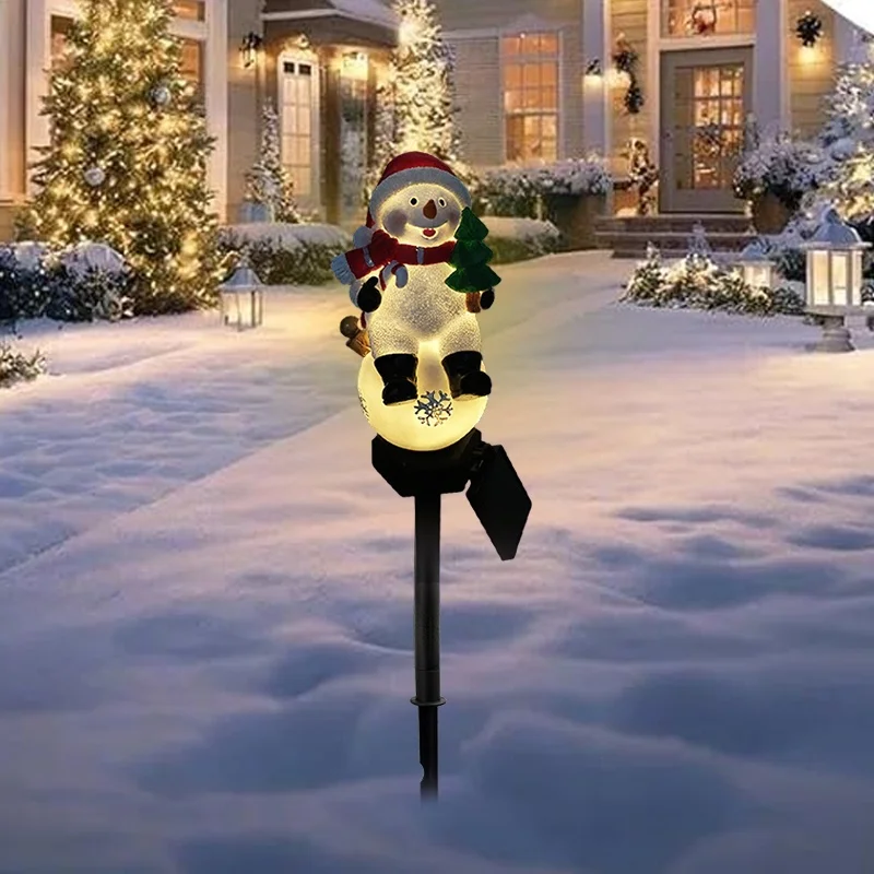 SM25317 Christmas Snowman Resin Statue Solar Stake Light - Outdoor Decorative White Snowman with Red Scarf, Brown Hat, Green Leaves, and Black Base_4