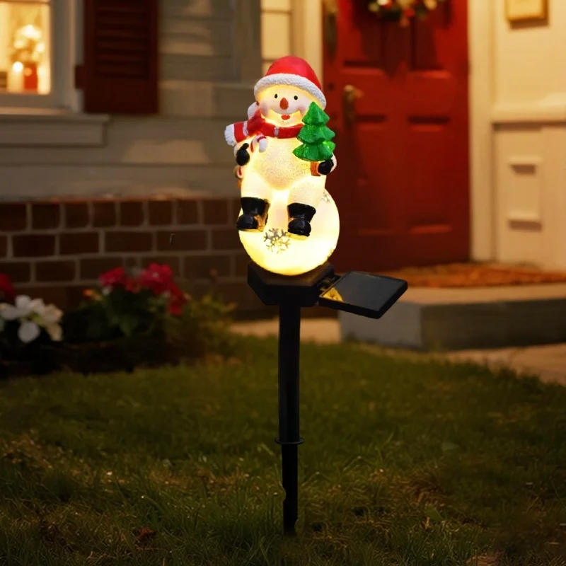 SM25317 Christmas Snowman Resin Statue Solar Stake Light - Outdoor Decorative White Snowman with Red Scarf, Brown Hat, Green Leaves, and Black Base_5