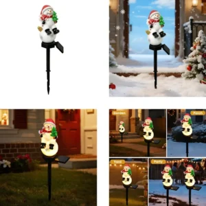 SM25317 Christmas Snowman Resin Statue Solar Stake Light - Outdoor Decorative White Snowman with Red Scarf, Brown Hat, Green Leaves, and Black Base_6
