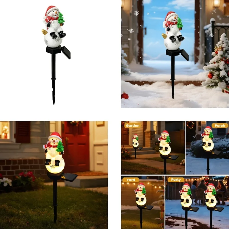 SM25317 Christmas Snowman Resin Statue Solar Stake Light - Outdoor Decorative White Snowman with Red Scarf, Brown Hat, Green Leaves, and Black Base_6