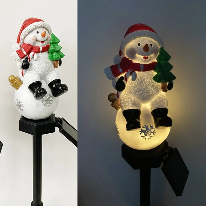 SM25317 Christmas Snowman Resin Statue Solar Stake Light - Outdoor Decorative White Snowman with Red Scarf, Brown Hat, Green Leaves, and Black Base_7