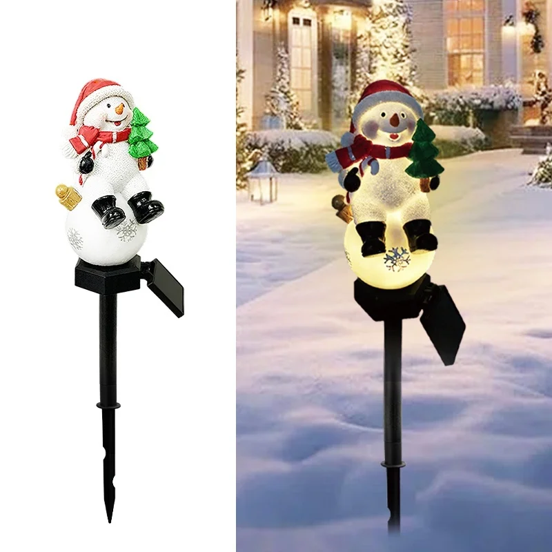 SM25317 Christmas Snowman Resin Statue Solar Stake Light - Outdoor Decorative White Snowman with Red Scarf, Brown Hat, Green Leaves, and Black Base_8