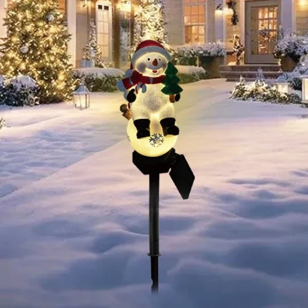 SM25317 Christmas Snowman Resin Statue Solar Stake Light - Outdoor Decorative White Snowman with Red Scarf, Brown Hat, Green Leaves, and Black Base_9