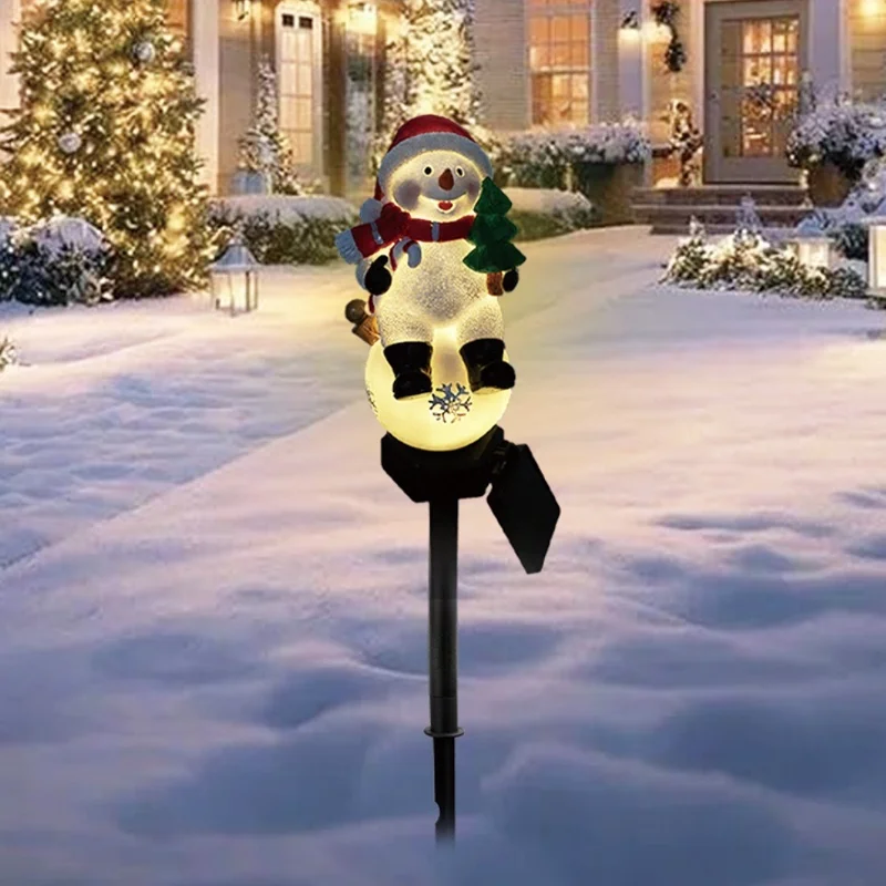 SM25317 Christmas Snowman Resin Statue Solar Stake Light - Outdoor Decorative White Snowman with Red Scarf, Brown Hat, Green Leaves, and Black Base_9