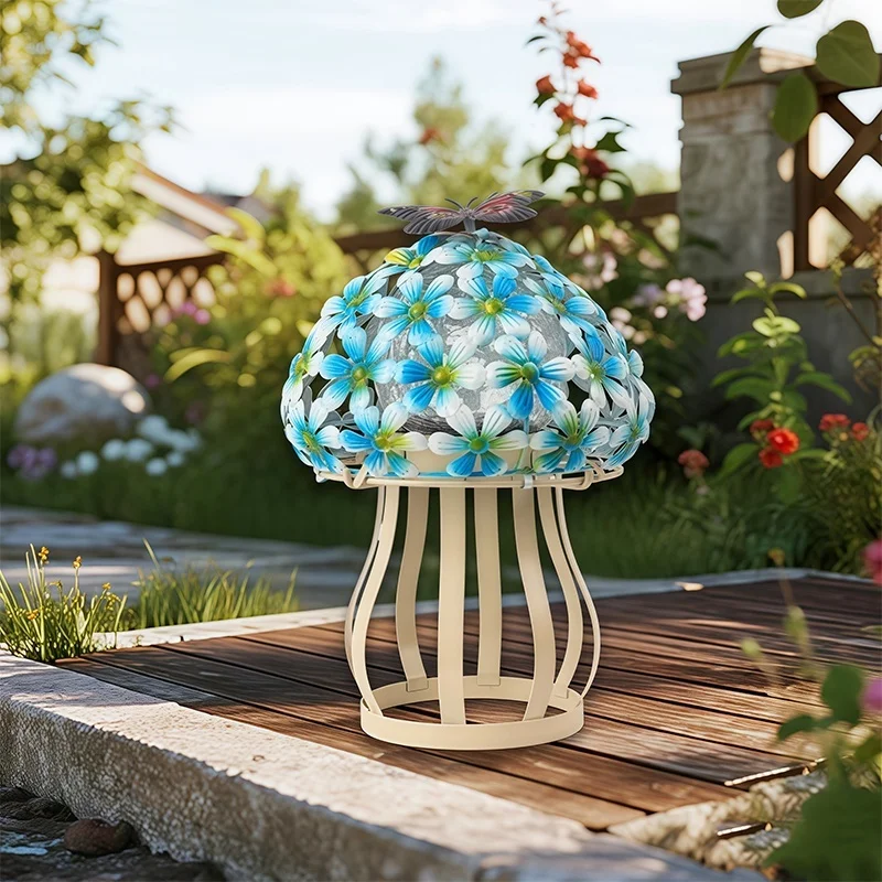 SM25345 Glass and Metal Iron Solar Mushroom Tabletop Light Decor_4