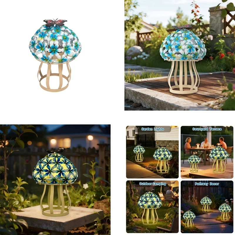 SM25345 Glass and Metal Iron Solar Mushroom Tabletop Light Decor_7