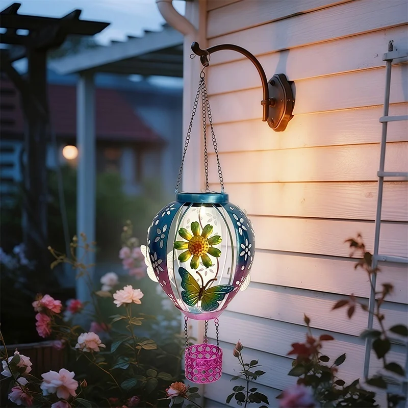 SM25350 Plastic PP Solar Metal Iron Hot Air Balloon Hanging Light with Butterfly Animal Decor_2