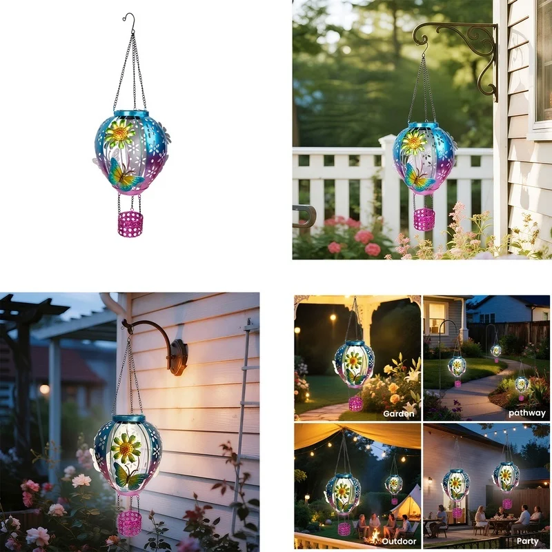 SM25350 Plastic PP Solar Metal Iron Hot Air Balloon Hanging Light with Butterfly Animal Decor_7