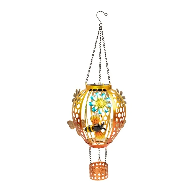 SM25351 Solar Plastic PP Metal Iron Hot Air Balloon Hanging Light with Bee Animal Decor
